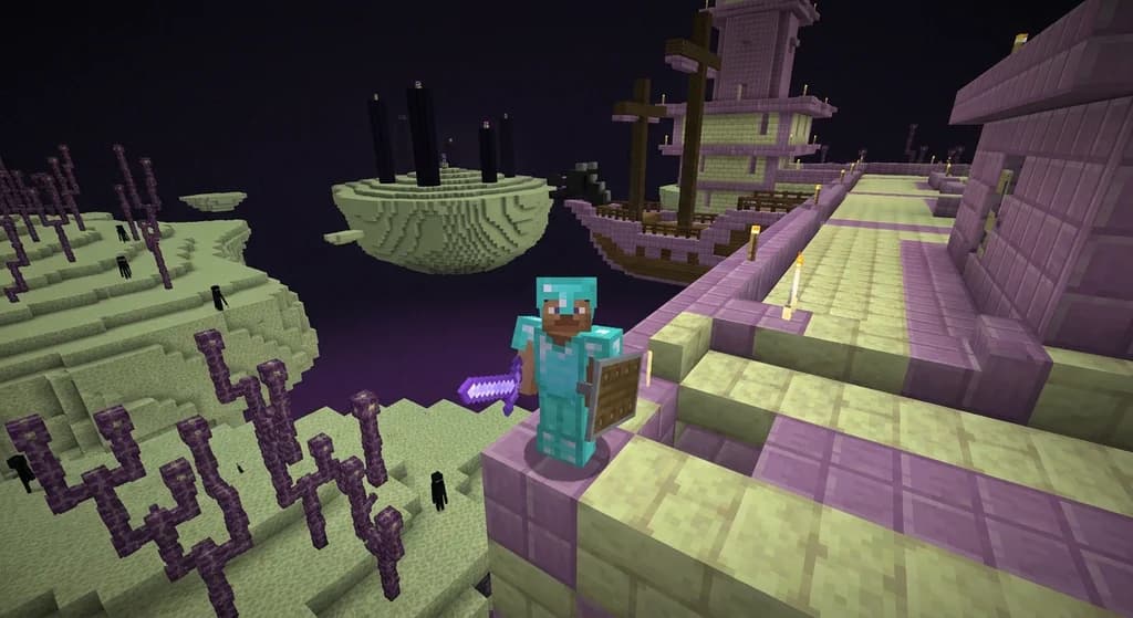 Player fighting in the End with shield and sword near an End city.
