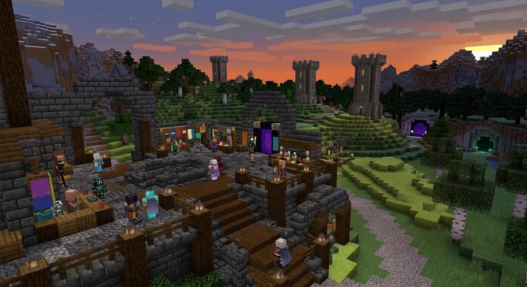 A grand Minecraft RPG server spawn hub with deepslate architecture, glowing sea lanterns, armored player characters near NPC quest-givers, and a sweeping fantasy landscape of towers and dungeons at sunset
