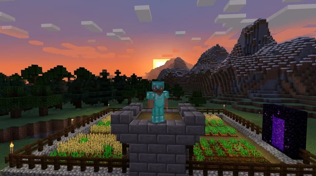 A Minecraft hardcore player in diamond armor standing on their Day 100 base — a fortified stone tower with farms, a Nether portal, and torchlit walls at sunset.