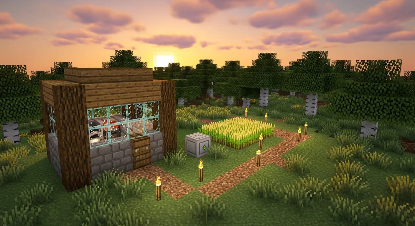 A Minecraft survival base built from oak planks and cobblestone on a grassy hill at sunset, with torches, a wheat farm, and a birch forest in the background.