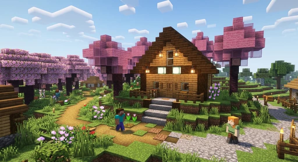 Minecraft cabin with oak planks, dark oak trim, and sea lantern accents showing a balanced 60-30-10 palette