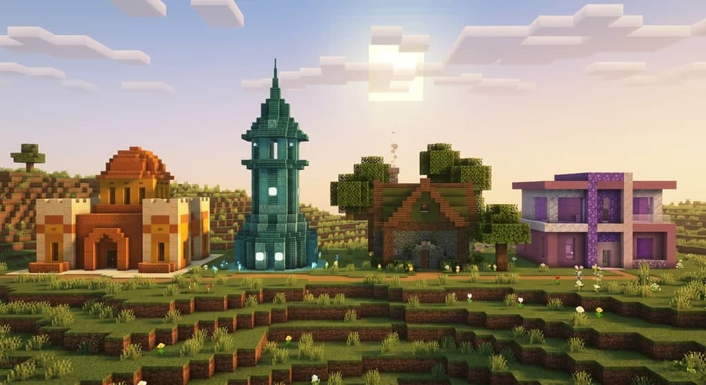 Four Minecraft builds side by side each using a different analogous block palette — warm terracotta, cool prismarine, earthy green forest, and purple amethyst — on rolling cube hills at golden hour