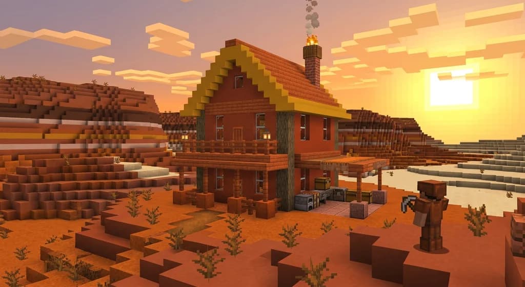 Minecraft badlands house with terracotta and acacia block palette, sunset lighting, player viewing the build