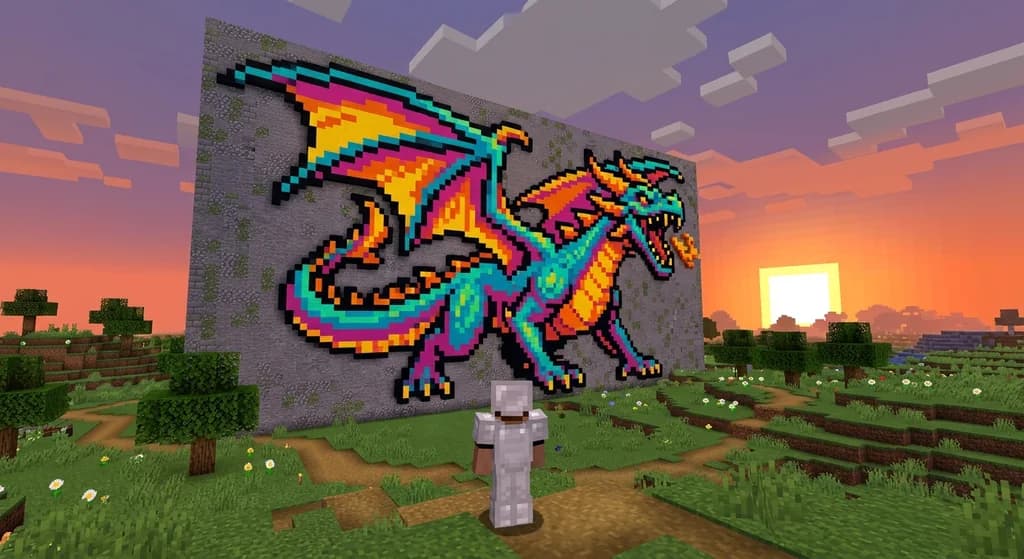 A giant Minecraft pixel art dragon mural made from colorful concrete and wool blocks on a stone wall, with a player looking at it.