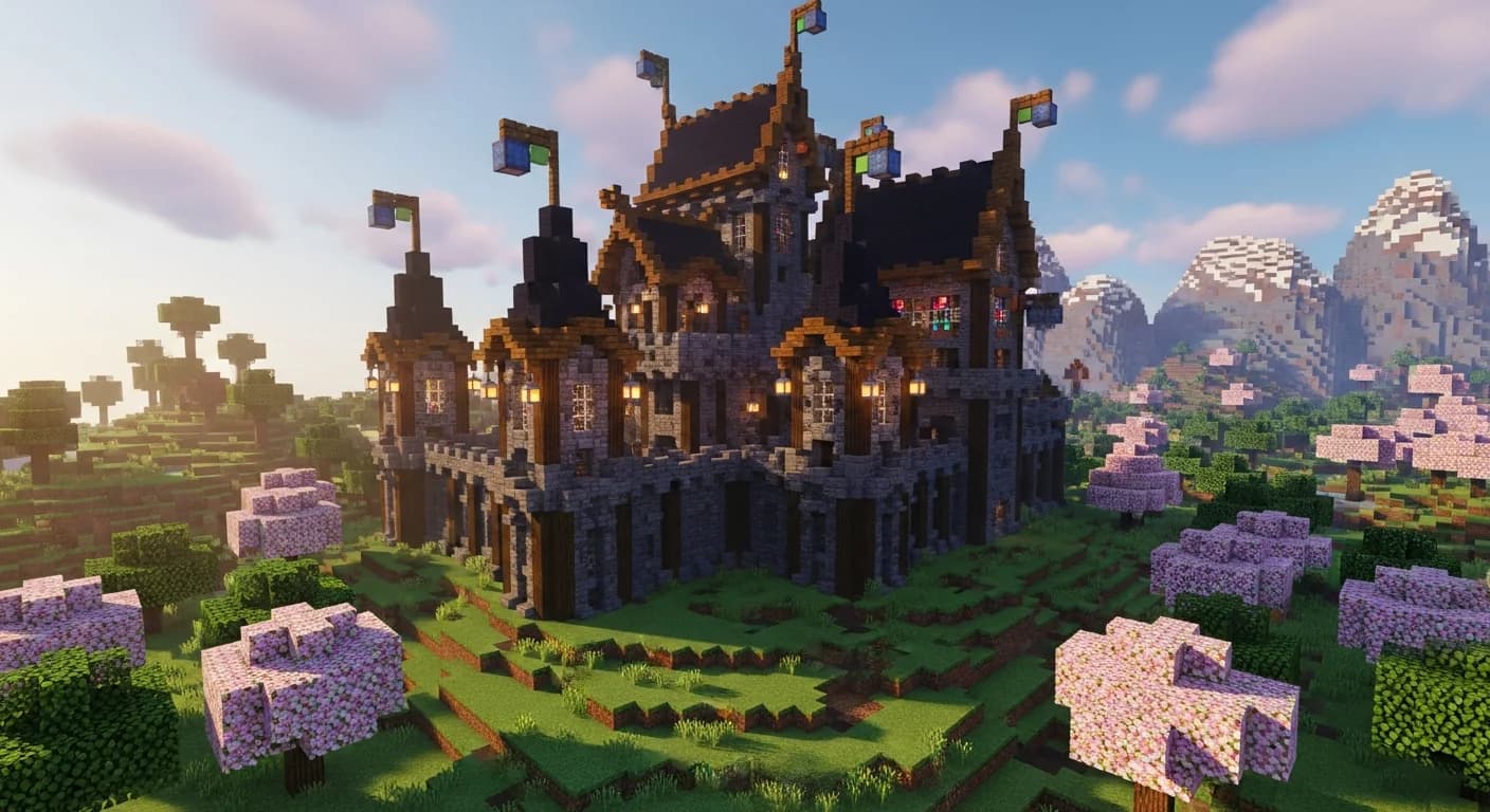A majestic fantasy Minecraft castle built with stone bricks, polished deepslate, and copper accents glowing at golden hour, showcasing one of the best castle Minecraft build palettes for 2026