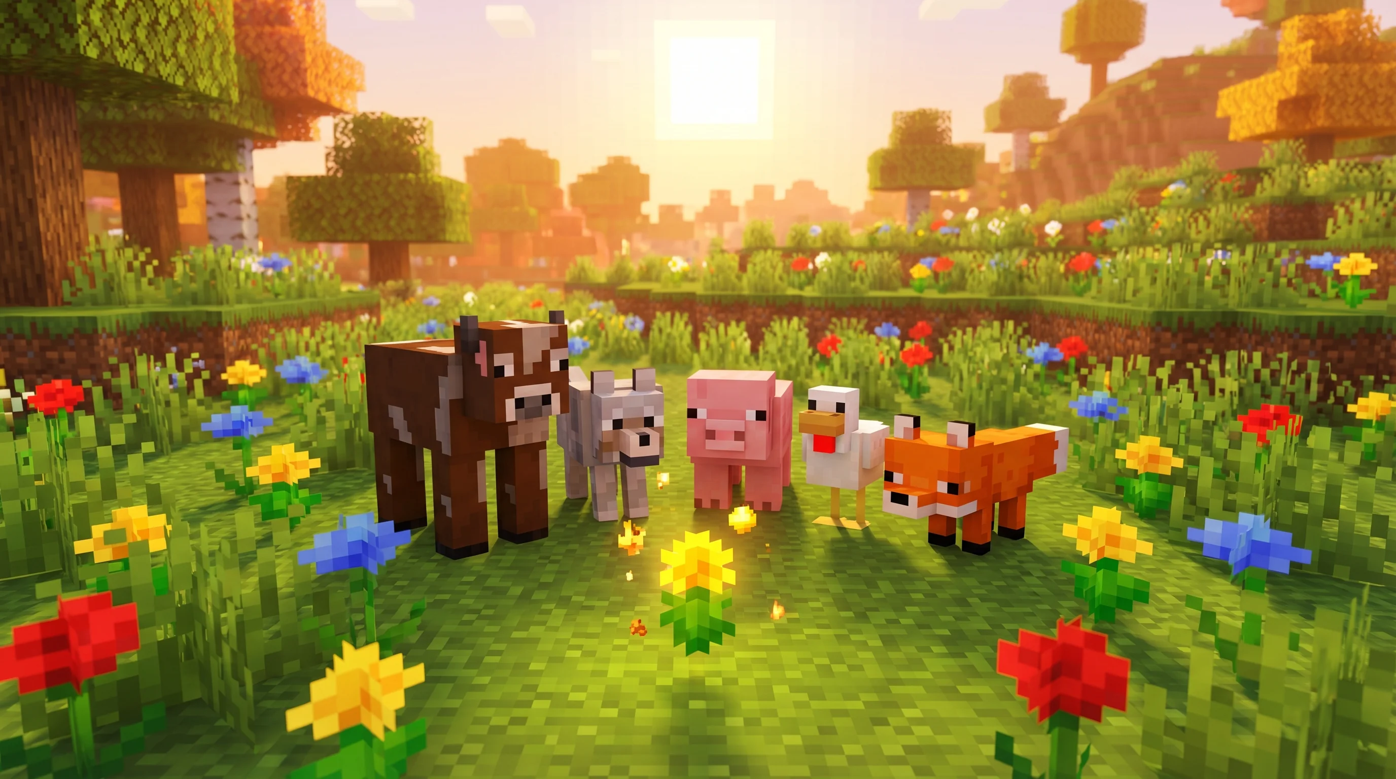 Newly redesigned Minecraft 26.1 baby mobs including baby cow, wolf, pig, and chicken gathered around a glowing Golden Dandelion in a sunny meadow
