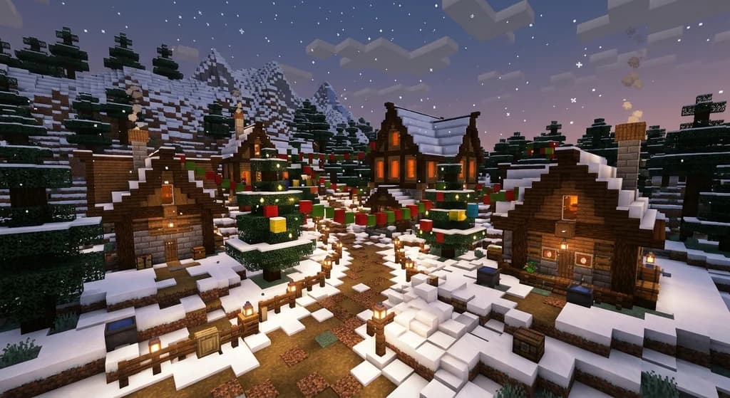 Cozy Minecraft Christmas village with spruce cabins, red wool accents, snow layers, and glowing lanterns at dusk