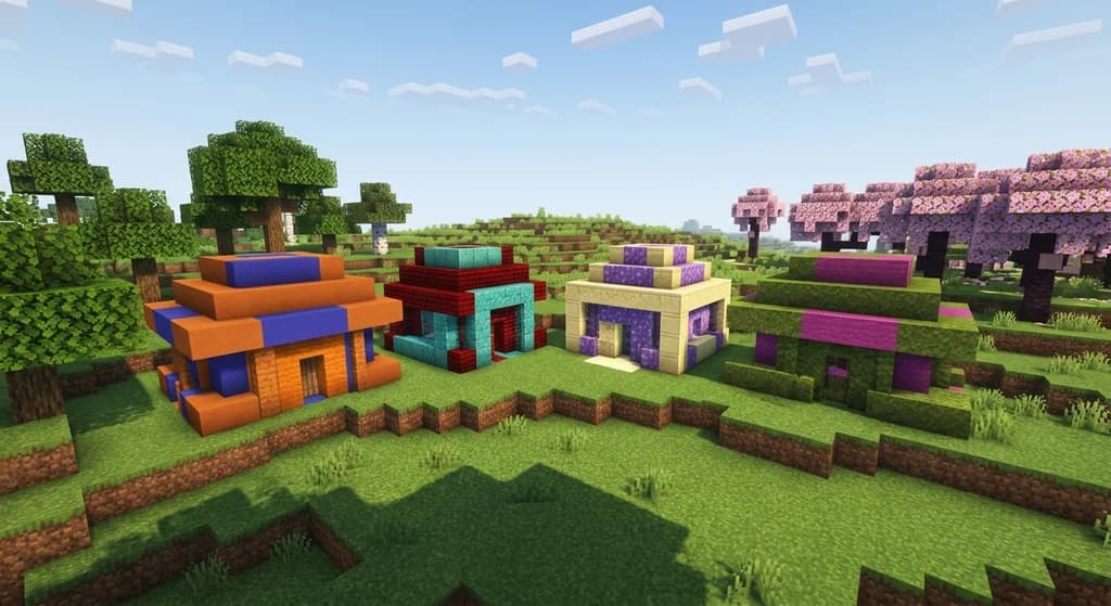 Four Minecraft bases side by side each built in a different complementary block palette including orange and blue, red and cyan, yellow and purple, and green and magenta under a bright sky