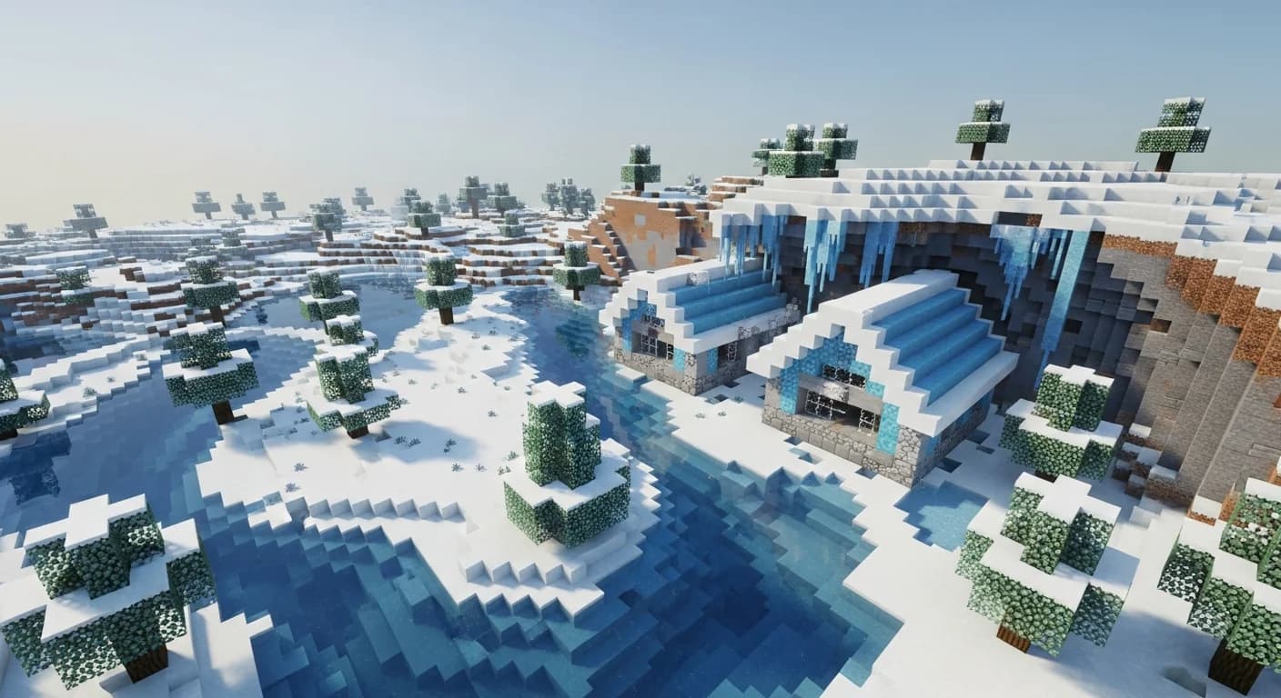 A Minecraft snowy biome build featuring a glacial tower made from packed ice, blue ice, and deepslate bricks surrounded by snow-covered spruce trees and soul lanterns at dusk