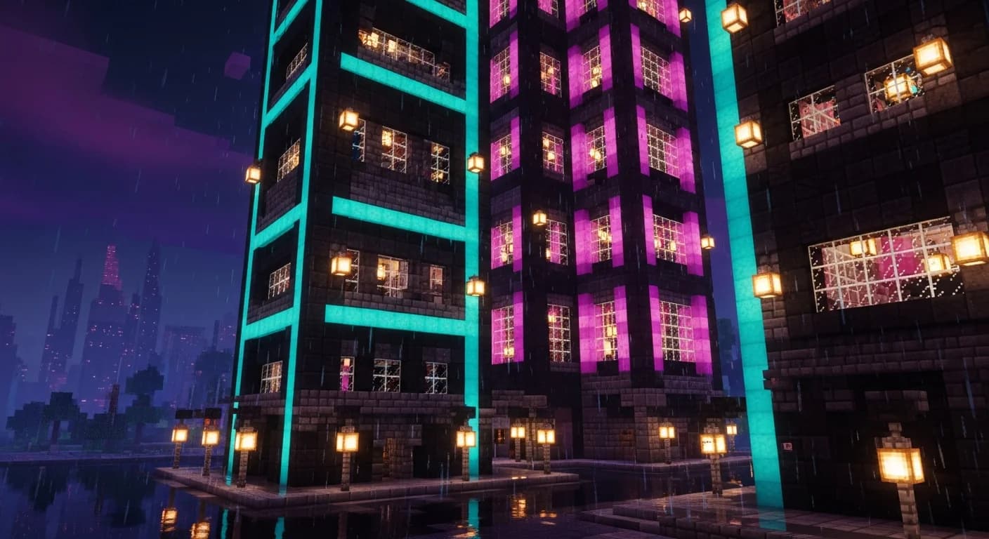 A Minecraft cyberpunk city at night built from blackstone bricks and deepslate tiles with glowing cyan and magenta neon block accents, sea lantern lighting, and tinted glass skyscrapers.