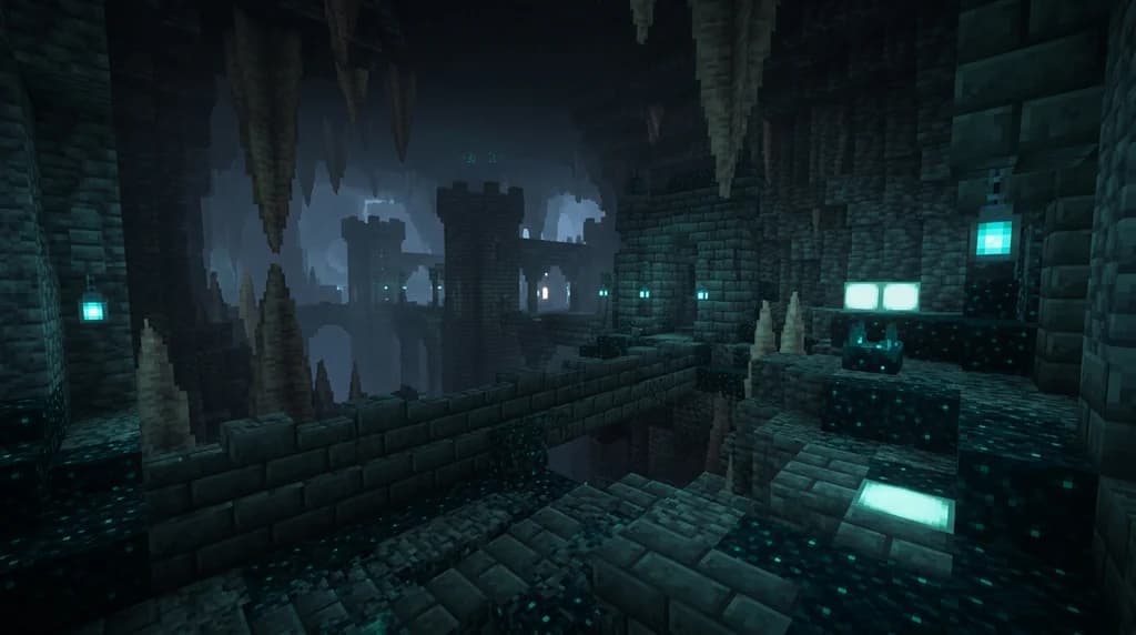 A Minecraft deep dark build using deepslate and sculk blocks with glowing cyan lights in an underground cavern.
