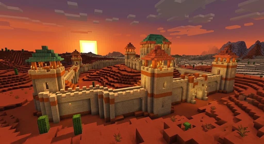 A sprawling Minecraft desert fortress built from sandstone bricks, cut sandstone, and orange terracotta with copper-roofed towers under a blazing sunset sky surrounded by red sand dunes