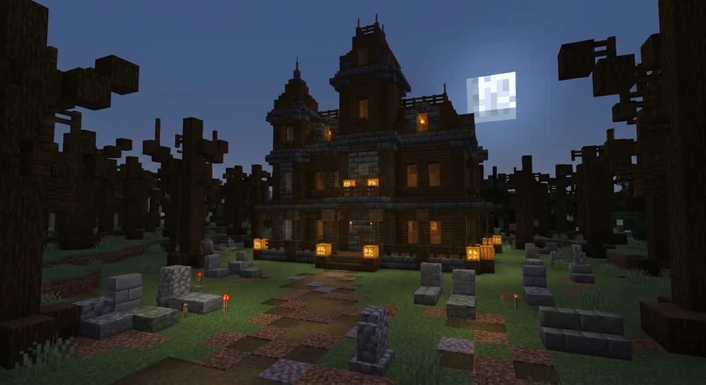 A Minecraft haunted mansion built with a Halloween block palette of dark oak, deepslate, and glowing jack o'lanterns under a night sky.