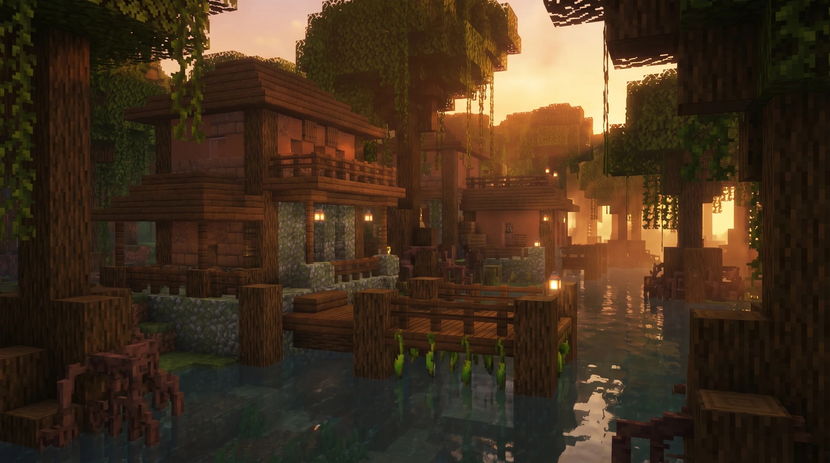 A Minecraft swamp base built with mangrove wood planks, mud bricks, and mossy stone surrounded by mangrove trees and water at golden hour