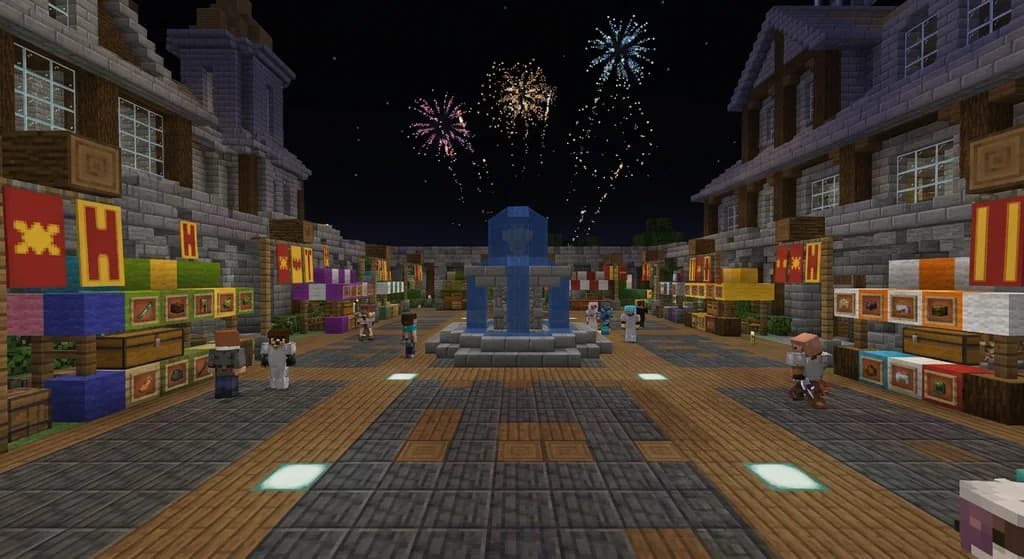 A Minecraft SMP server community plaza built from deepslate and oak planks with market stalls, gold and red banners, sea lantern lighting, and fireworks exploding in the night sky during a community event celebration.
