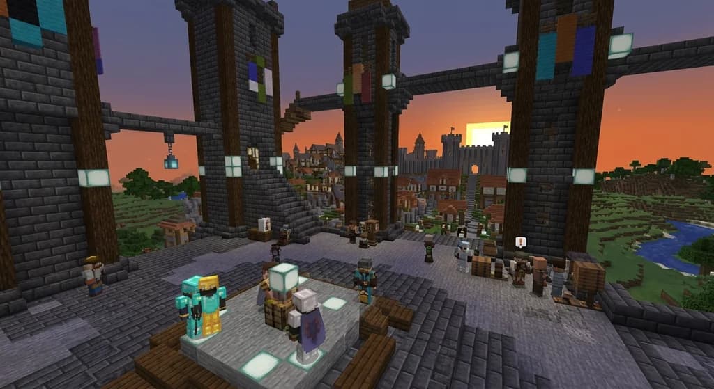A grand Minecraft MMO server spawn hub with deepslate towers, glowing sea lanterns, guild banners, and multiple armored players gathered near NPC quest givers in a sprawling fantasy city at sunset.