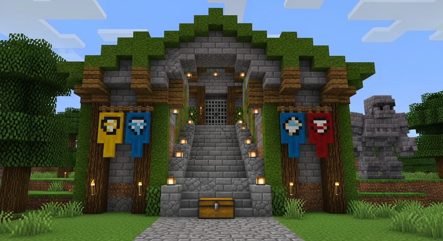 A Minecraft RPG dungeon entrance made of deepslate bricks and mossy cobblestone with glowing sea lanterns, custom banners, and a stone golem mob visible in the torchlit depths below