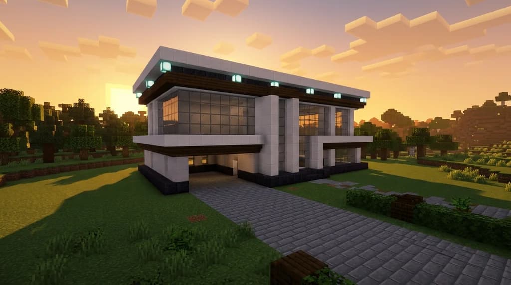 A sleek modern Minecraft house built from smooth quartz, white concrete, and polished blackstone with large tinted glass windows and sea lantern lighting at golden hour