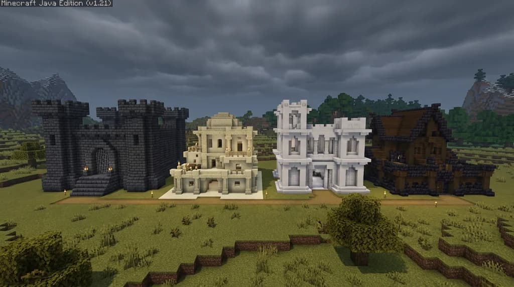 Four Minecraft bases side by side each built in a different monochromatic block palette including deepslate gray, warm sandstone, white quartz, and dark blackstone under dramatic overcast lighting