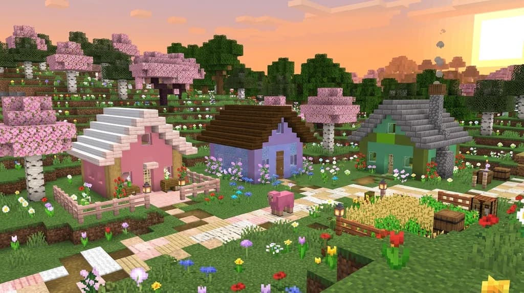 Pastel Minecraft village with pink, lavender, and mint cottages in a cherry blossom forest.