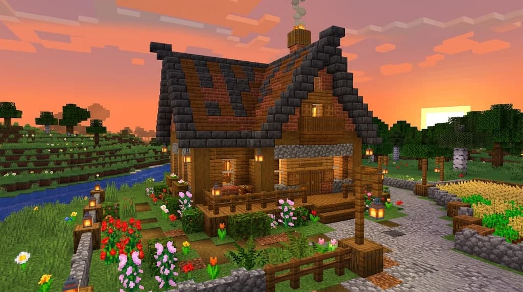 A Minecraft house with a deepslate tile and spruce wood roof, surrounded by flowers at sunset.