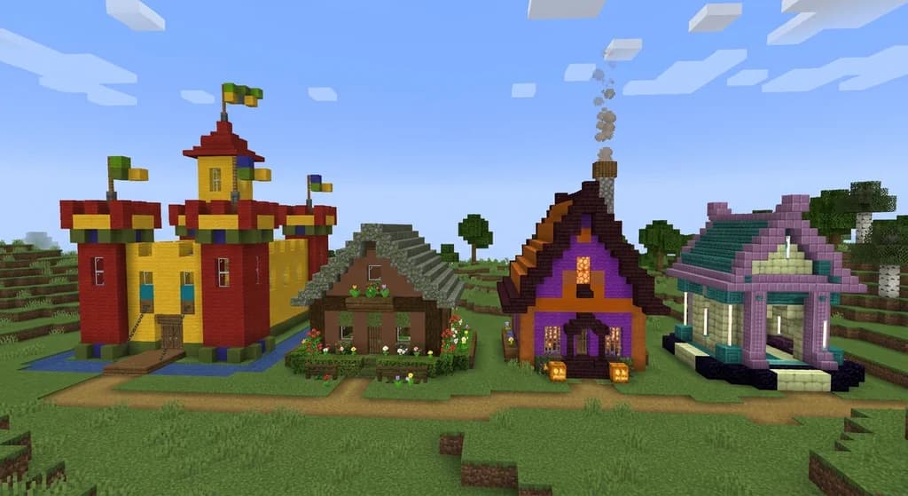 Four Minecraft buildings showcasing different tetradic block palettes in a sunny landscape