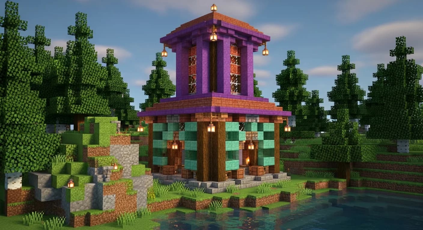 A Minecraft build using a triadic block palette of Purpur, Oxidized Copper, and Terracotta on a hillside at dusk, demonstrating advanced color harmony techniques for 2026 builds.