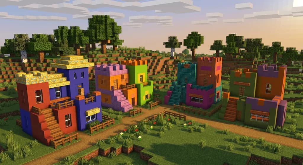 Four Minecraft bases side by side each built with a different triadic color palette using terracotta, concrete, and glazed terracotta blocks in vibrant red, blue, yellow, purple, orange, and lime combinations at golden hour