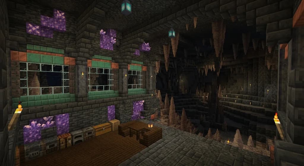 A Minecraft underground cave base built from deepslate bricks and amethyst clusters with tuff brick archways, sea lanterns, and copper accents in a dramatic cavern setting