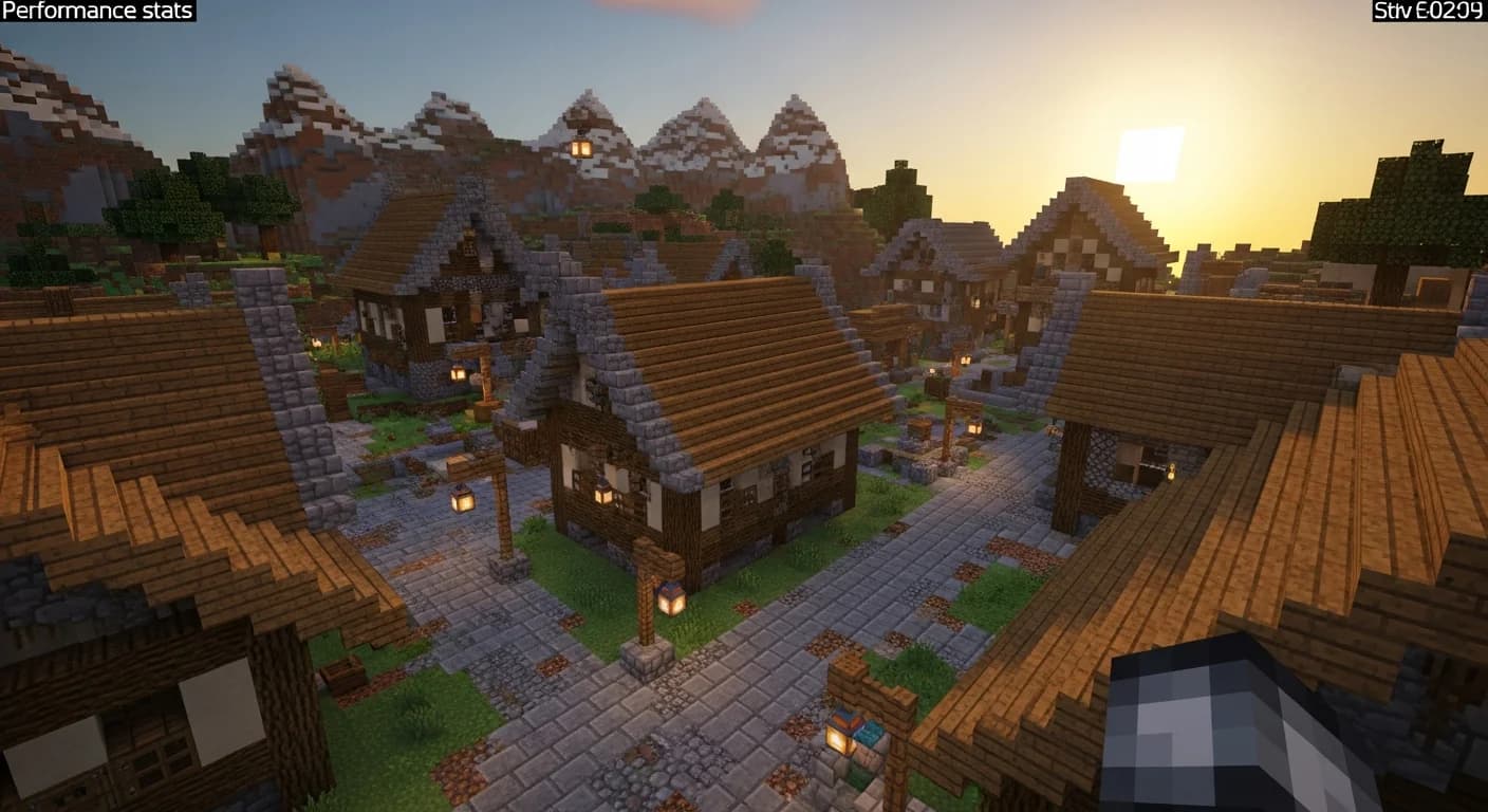 A detailed Minecraft village at sunset with oak plank buildings, cobblestone streets, and sea lantern lighting, representing smooth high-FPS gameplay on a low-end PC with performance mods installed.