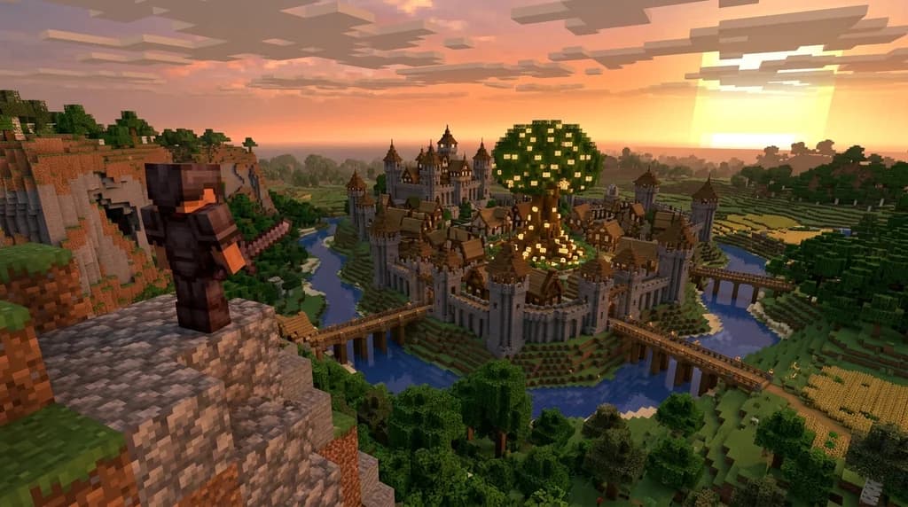 A Minecraft player in netherite armor looking out over a sprawling medieval RPG kingdom with stone towers and a giant glowing tree at sunset.