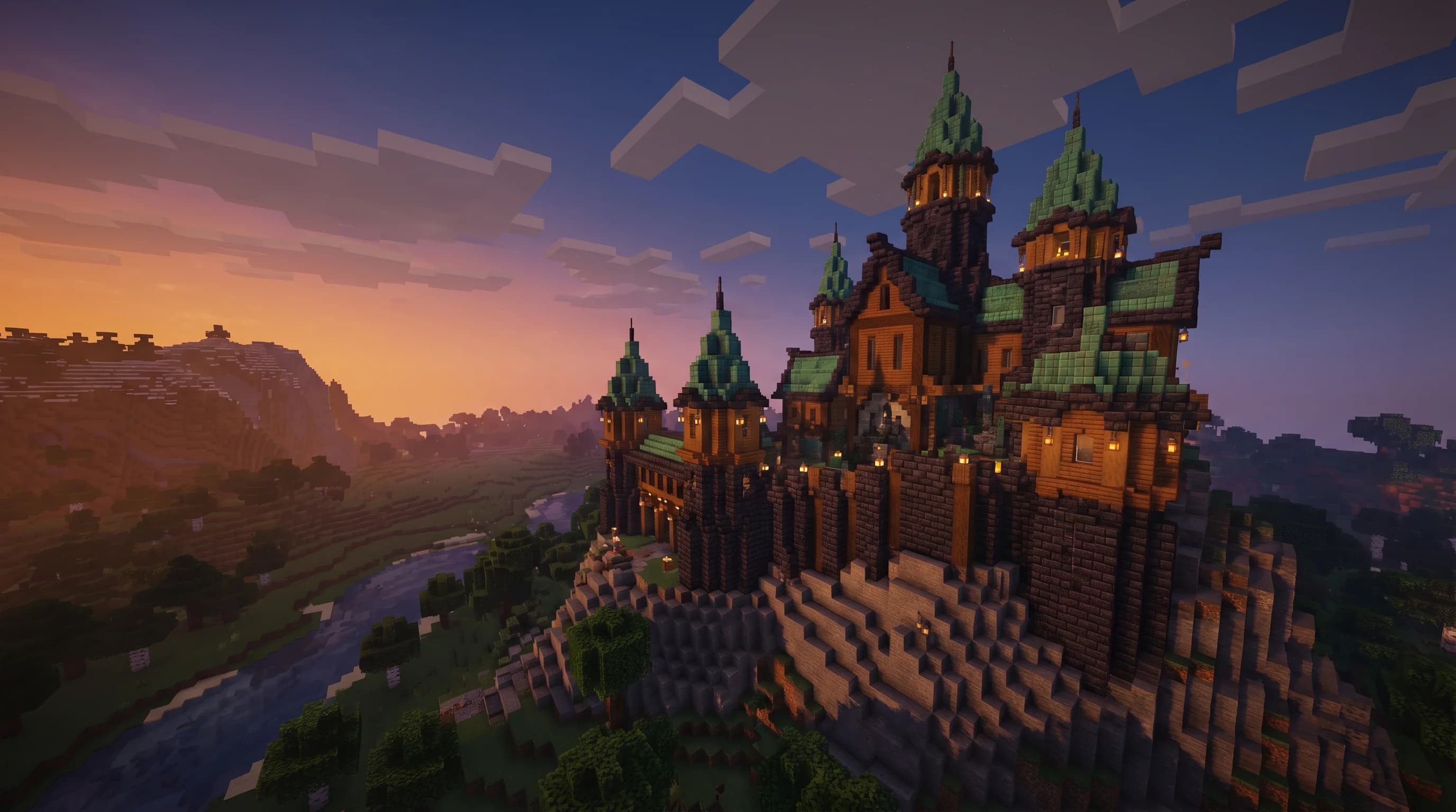 A professional Minecraft build showcasing a complex block palette of deepslate and spruce wood.