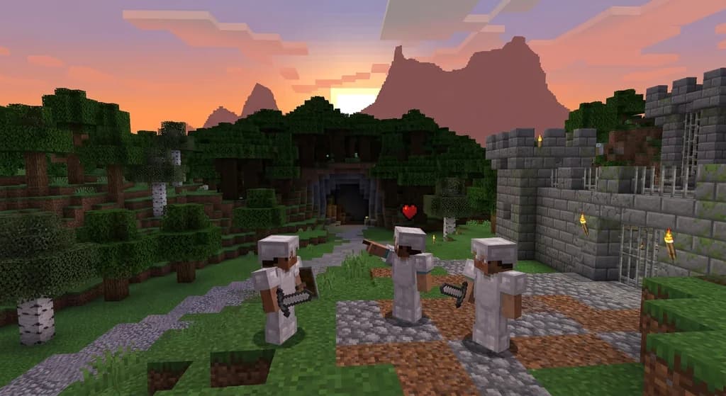 Three Minecraft players on a hardcore server, ready to explore a dangerous cave at sunset, representative of cooperative server etiquette.