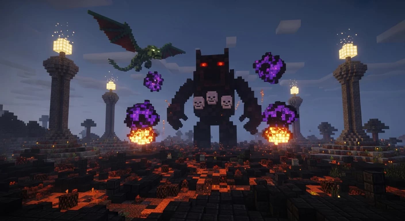 A Minecraft Wither boss with three skulls hovering over a scorched blackstone landscape while an Ender Dragon circles End stone pillars with glowing End Crystals in the background.