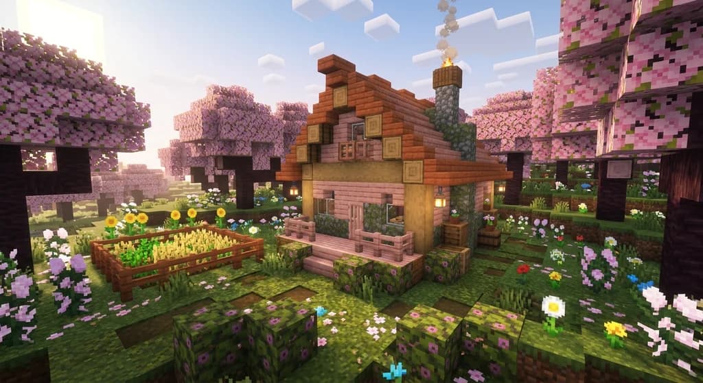 A cozy Minecraft cottagecore house built from cherry planks, mossy cobblestone, and oak logs, surrounded by flowering azalea bushes, daisies, and pink petals under a cherry blossom canopy