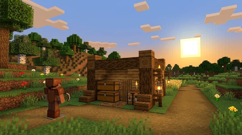 A player in a cozy spruce and oak chest room at golden hour, representing the vanilla-enhanced quality-of-life experience of the Aged Light Modpack.