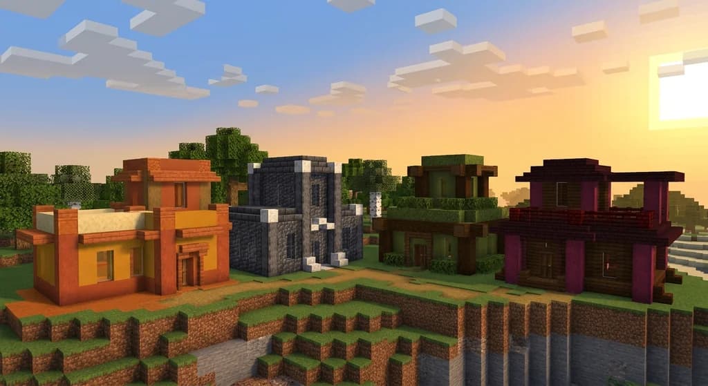 Four Minecraft bases side by side each showcasing a different analogous block palette including warm sandstone, cool deepslate, lush green moss, and dark crimson nether brick builds at golden hour