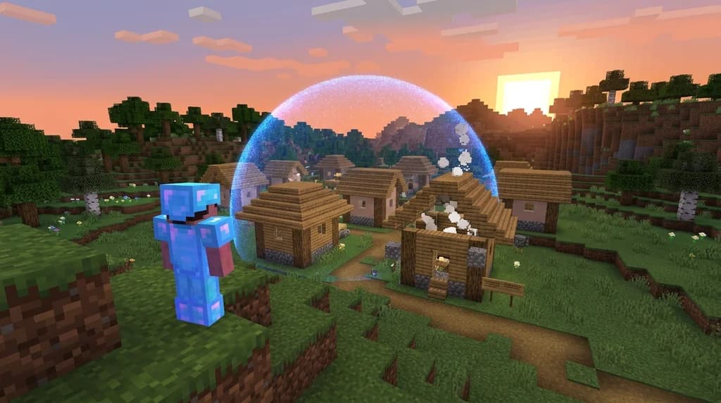Minecraft admin protecting village with anti-griefing shield and rollback animation