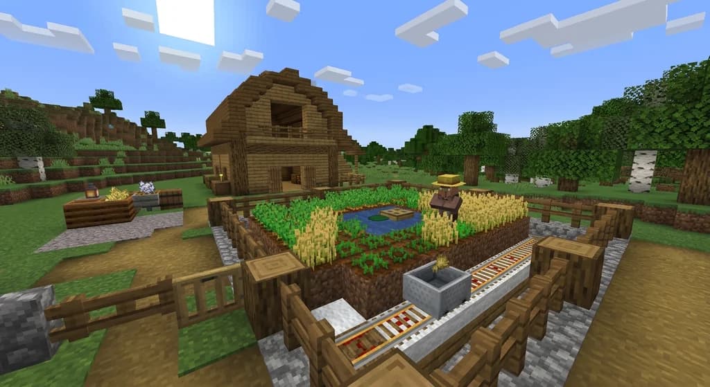 A Minecraft farmer villager harvesting wheat in an automatic crop farm with a minecart hopper collection system underneath.