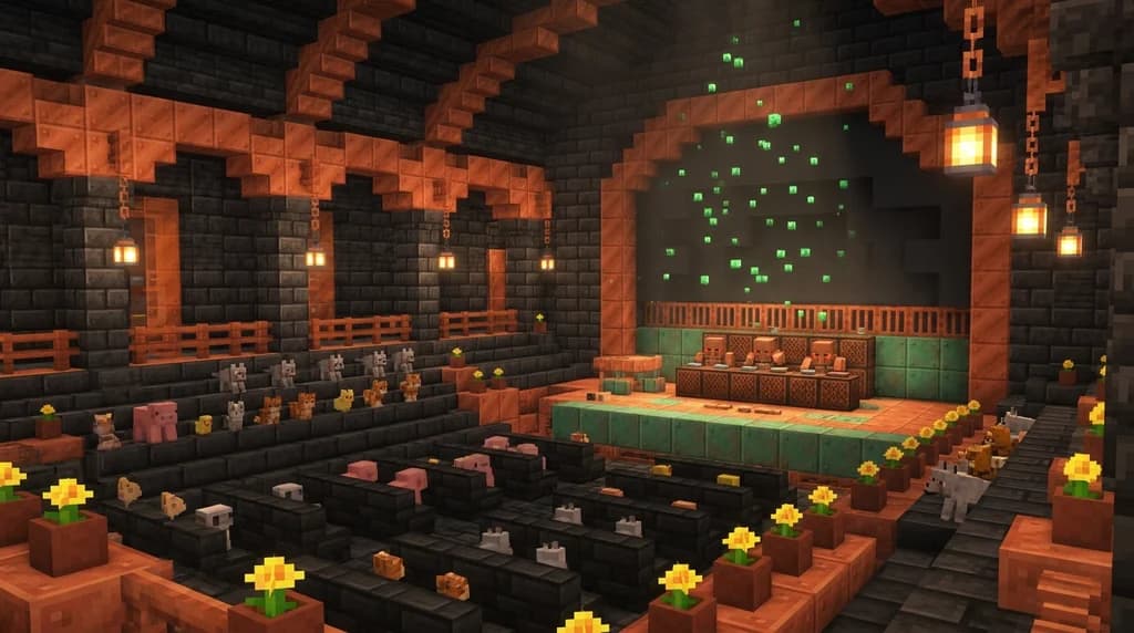 A Minecraft concert hall packed with age-locked baby mobs arranged in orchestra sections, with Copper Golems pressing trumpet note blocks on oxidizing copper stages and golden dandelions glowing in the aisles