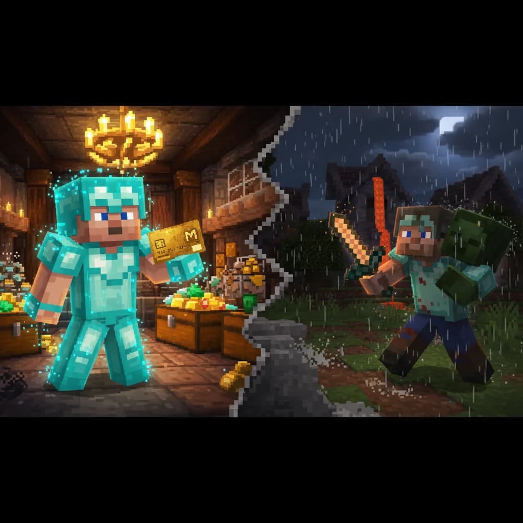 A Minecraft player holding a credit card next to a skilled player fighting a zombie, illustrating pay-to-win versus fair gameplay.