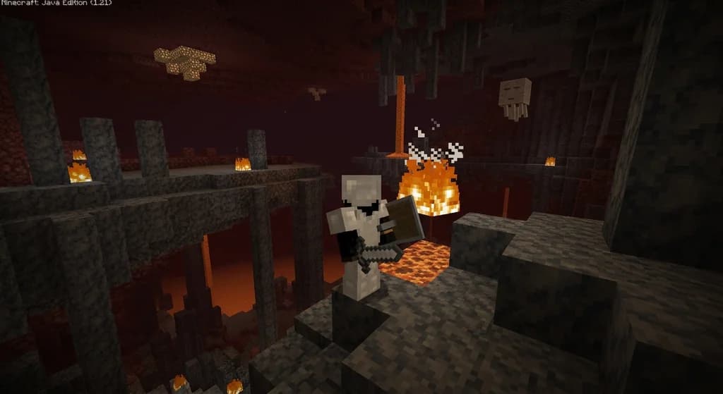 Minecraft hardcore player blocking a ghast fireball with a shield in a basalt delta.