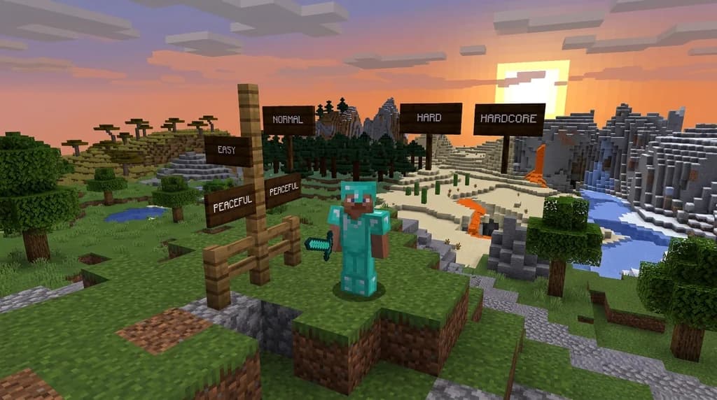 Minecraft player on a hill with signs pointing to Peaceful, Easy, Normal, Hard, Hardcore difficulty labels, sunset lighting.