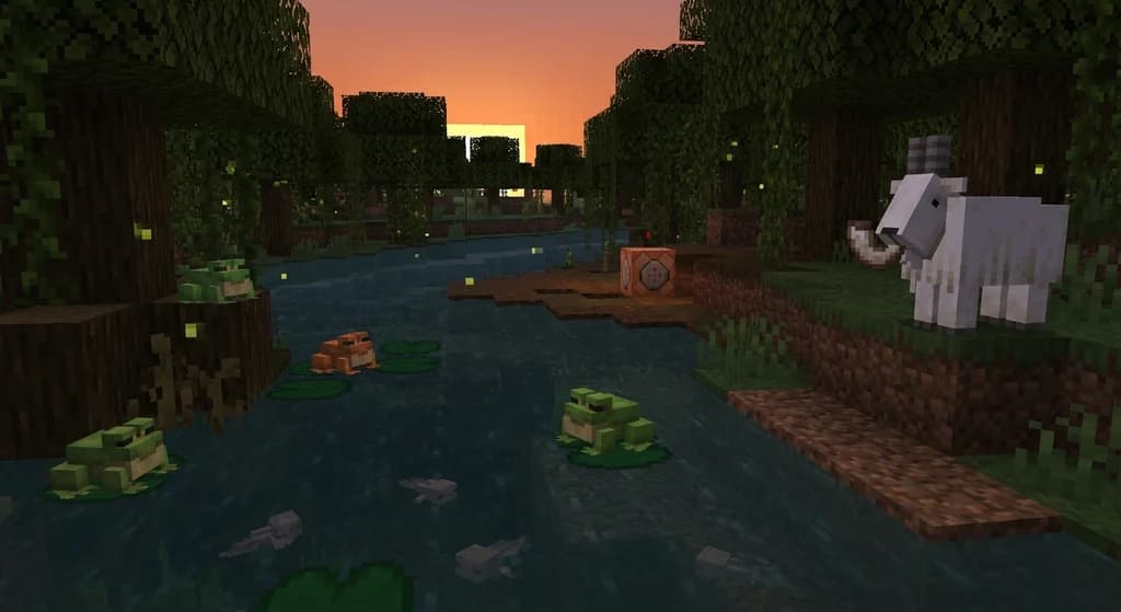 Swamp biome with frogs, tadpoles, and a goat in Bedrock Edition 1.18.30 development
