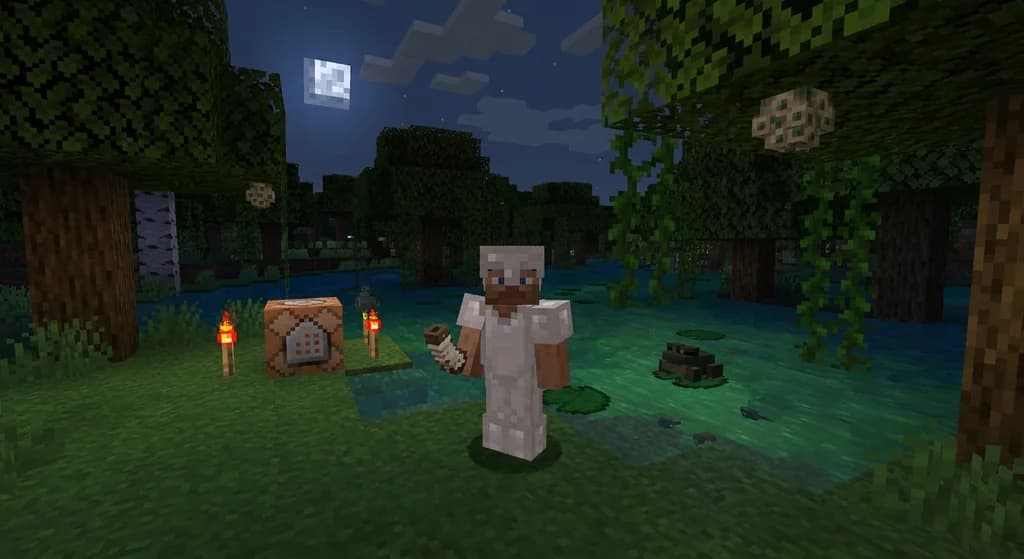Swamp biome scene with frog, tadpoles, frog spawn blocks, a player holding a goat horn, and a command block near the water.