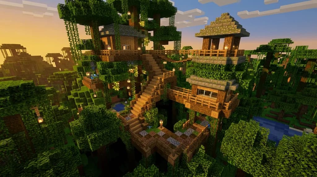 A multi-level Minecraft treehouse built from jungle logs, moss blocks, mossy cobblestone, and stripped oak planks in a lush jungle biome at golden hour