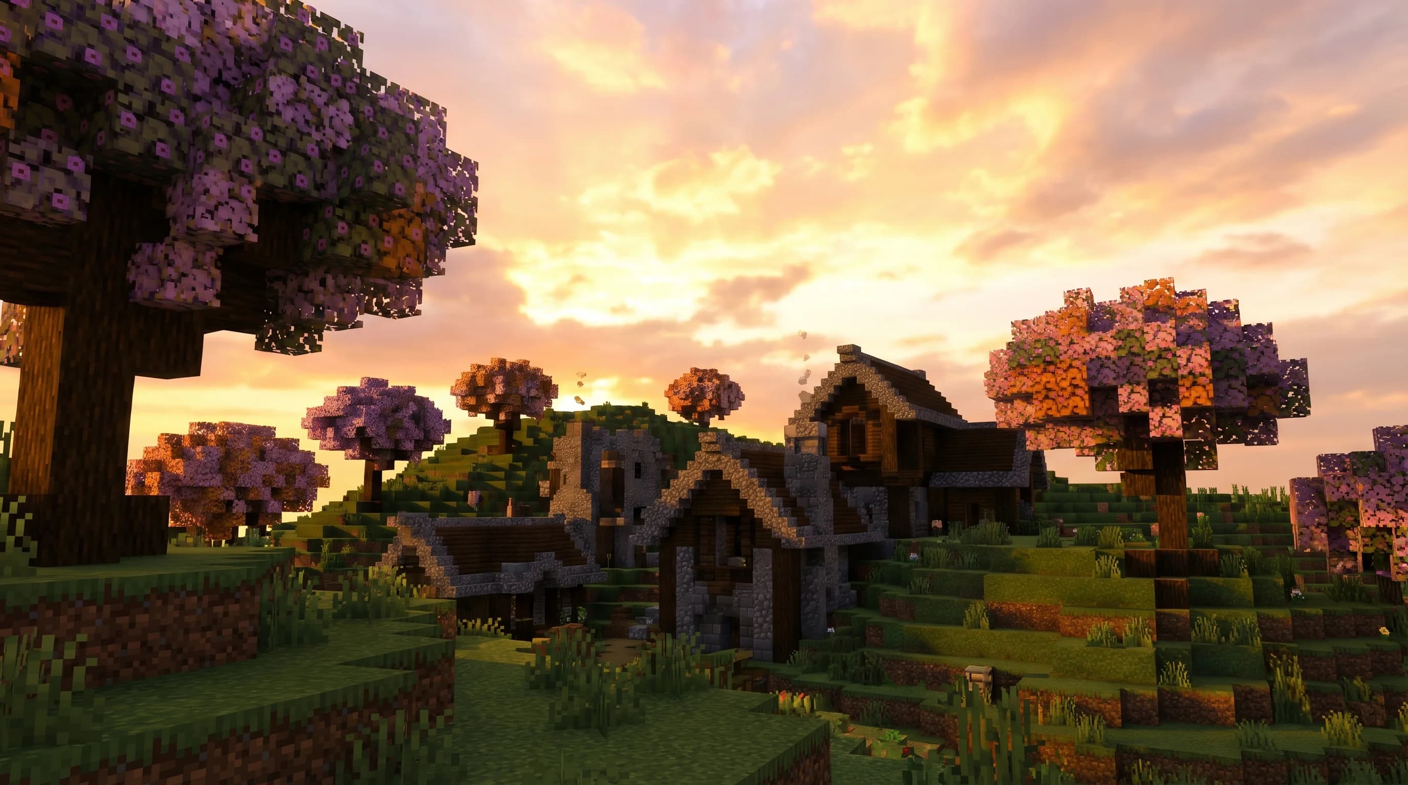 A vibrant Minecraft vanilla plus world featuring custom biomes, a stone village, and a golden-hour sky — showcasing what the best Better Minecraft modpack alternatives look like in 2026