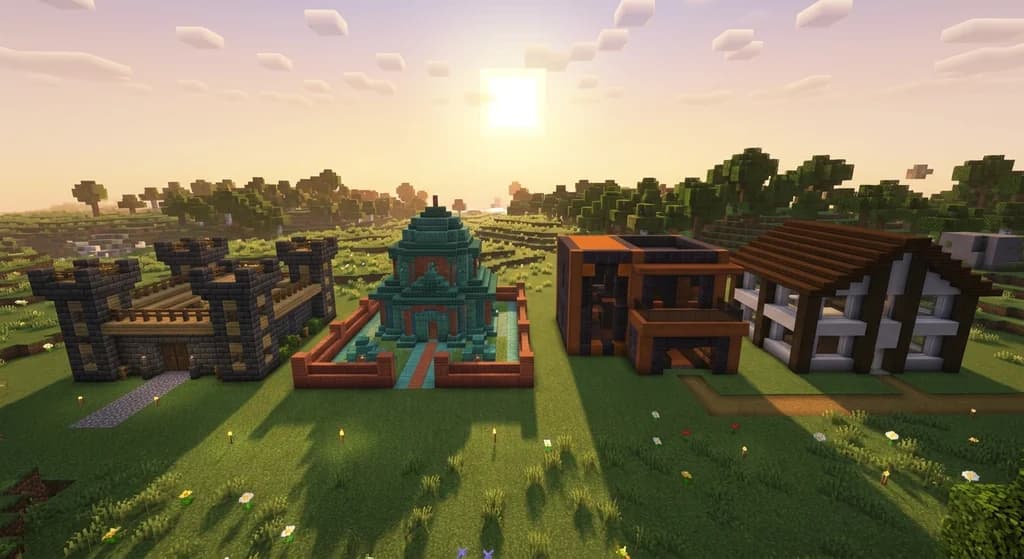 Four Minecraft builds side by side each showcasing a different complementary block palette including deepslate with pale oak, prismarine with red sandstone, polished basalt with acacia, and dark oak with smooth quartz