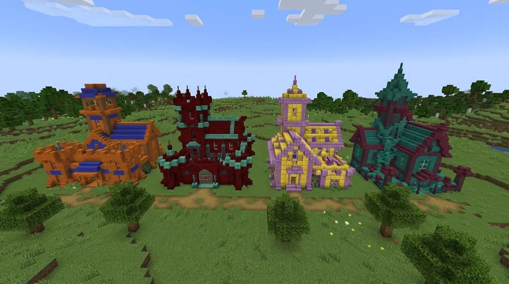 Four Minecraft bases side by side each built in a different complementary block palette — orange and blue, red and cyan, yellow and purple, green and crimson — on a grassy plateau under clear sky lighting