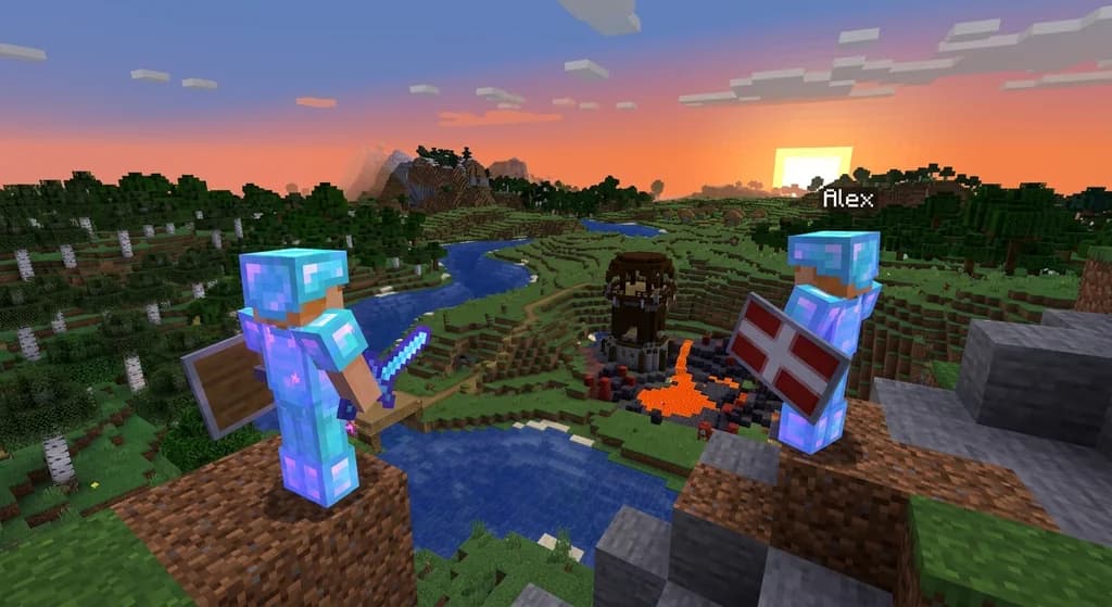 Minecraft hardcore player wearing fully enchanted diamond armor on a cliff edge at sunset.